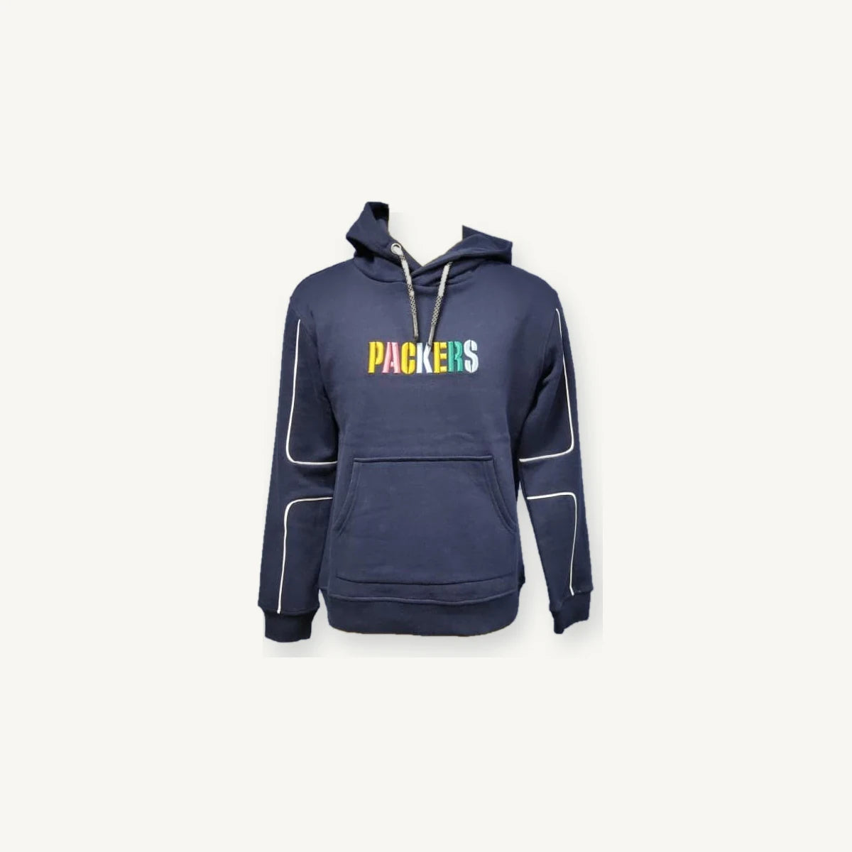 Navy pullover hoodie with piping and embroidery produced through our manufacturing network