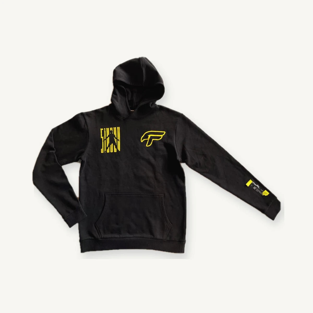Black hoodie with multiple yellow graphic placements