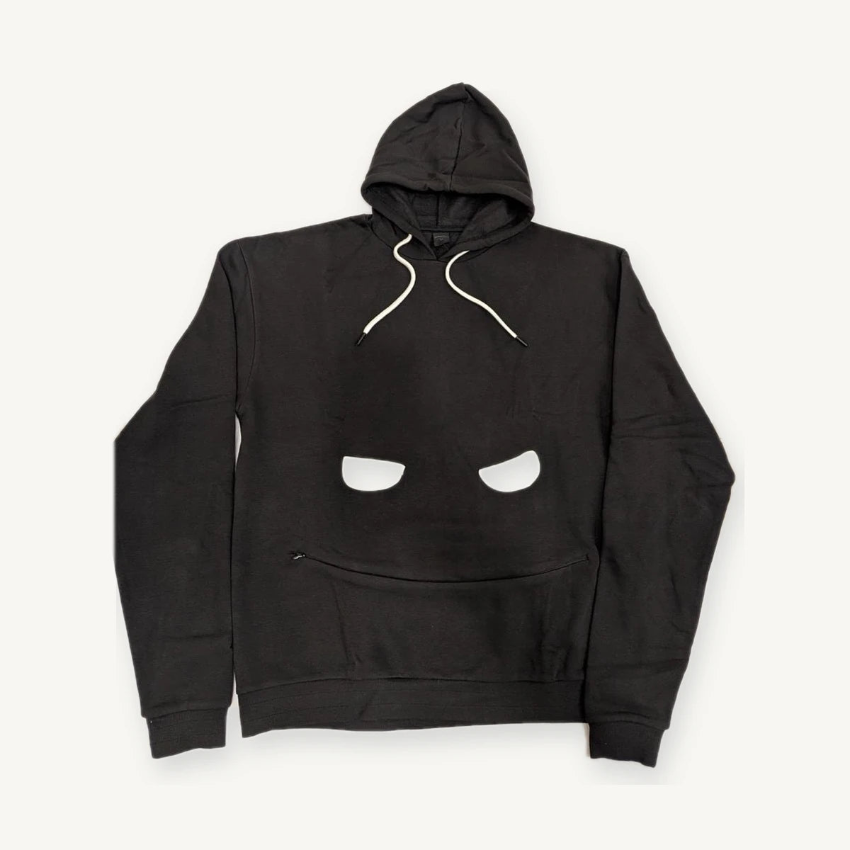 Black hoodie with eye appliques and zipped kangaroo pocket